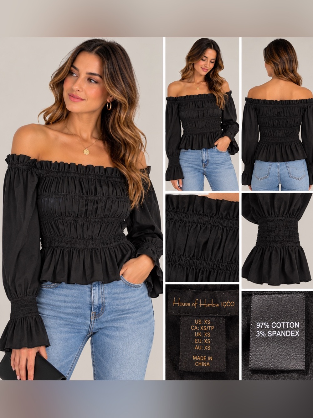 House of Harlow 1960 Black Smocked Off Shoulder Peplum Top XS